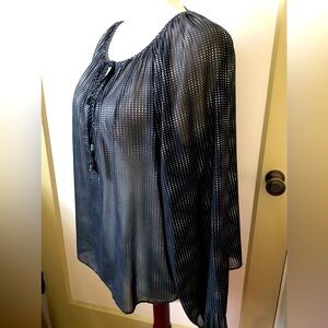 Jennifer Lopez Sheer Black+Metallic-Dots Long Sleeve Peasant Blouse